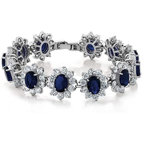 Gem Stone King 27.00 Carat Oval and Round Royal Blue Simulated Sapphire CZ Tennis Bracelet 7 Inch with Security Clasp