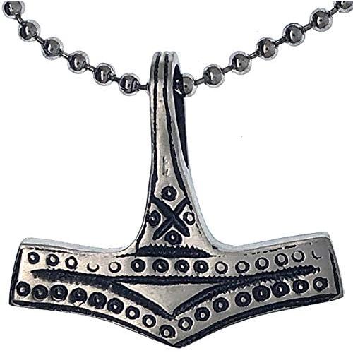 Tribal Celtic Norse Viking Jewelry THOR God of Thunder Odin Norwegian Mjolnir Thors Hammer Protection Amulet Wealth Luck Money Charm Victory Talisman Pewter Mens Pendant Necklace w Silver Ball Chain