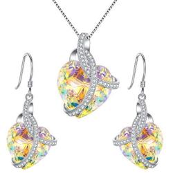 EleQueen 925 Sterling Silver CZ ''Courageous Heart'' Inspired Pendant Necklace Hook Earrings Set Made with Swarovski Crystals