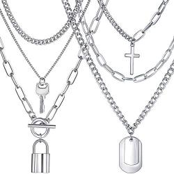 Silver Layered Chain Necklace Set for Men and Women Funky Punk Egirl Eboy Chains Lock and Key Pendant Stainless Steel Paperclip Necklace Jewelry for Gifts