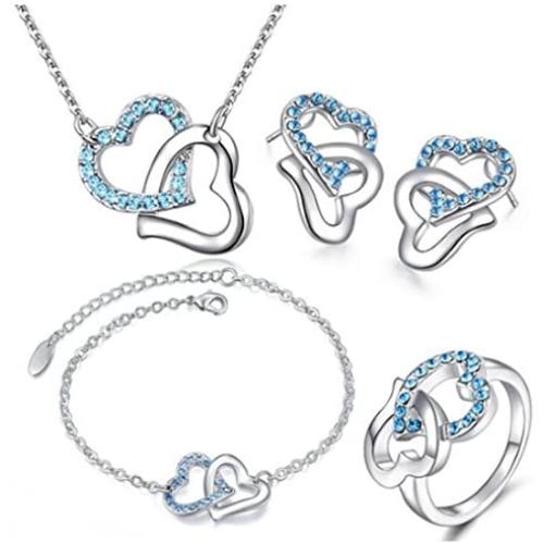 MAFMO Fashion Rhinestone Double Heart Jewelry Set 4pcs Necklace Bracelet Ring Earrings