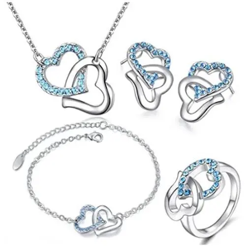 MAFMO Fashion Rhinestone Double Heart Jewelry Set 4pcs Necklace Bracelet Ring Earrings MAFMO Fashion Rhinestone Double Heart Jewelry Set 4pcs Necklace Bracelet Ring Earrings