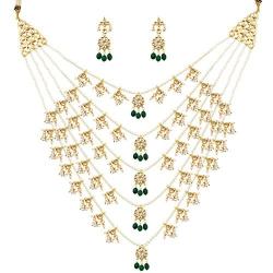 Mehrunnisa Rajwada Paanch Lada kundan Pearls & Green Stones Necklace & Earrings Set (Free Kaan Chain)