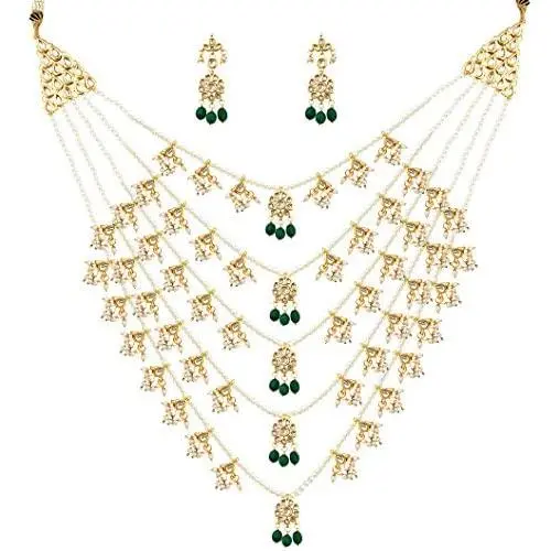 Mehrunnisa Rajwada Paanch Lada kundan Pearls & Green Stones Necklace & Earrings Set (Free Kaan Chain)