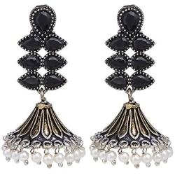 Efulgenz Boho Vintage Antique Ethnic Gypsy Tribal Indian Oxidized Silver Pearl Jhumka Dangle Earrings Jewelry