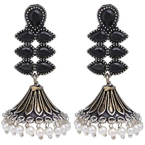 Efulgenz Boho Vintage Antique Ethnic Gypsy Tribal Indian Oxidized Silver Pearl Jhumka Dangle Earrings Jewelry