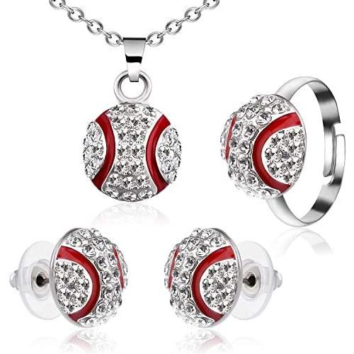 Chengu Baseball Jewelry Set Baseball Earrings Stud Necklace Adjusting Ring for Baseball Fans Player Gifts