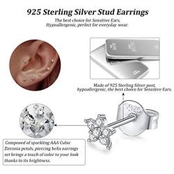 Sterling Silver Stud Earrings for Women, Tiny Flower Earrings Set | Small Cubic Zirconia Helix Earrings Dainty Tragus Cartilage Studs Cherry Blossom Ear Piercing Jewelry Gifts for Girls Teens