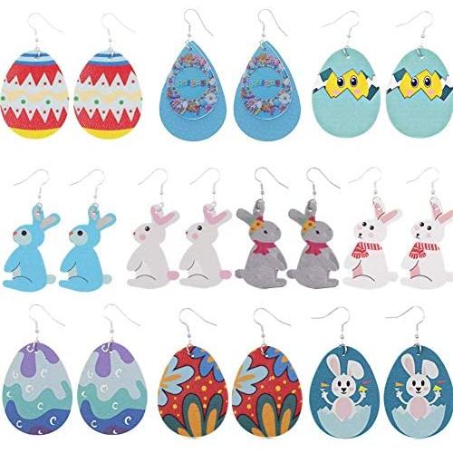 Easter Earrings Leather Dangle Earrings Cute Colorful Eggs Rabbit Bunny Animal Drop Earrings Lightweight Teardrop Geometric Multiple Colors Earrings for Women Girl Easter Jewelry