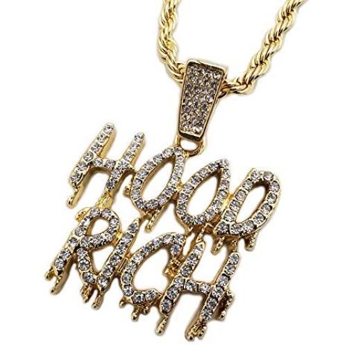 BLINGFACTORY Iced Hip Hop Gold PT Hood Rich Drip Pendant & 24'' Rope Chain Fashion Necklace