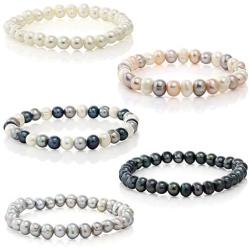 Set Of 5 Genuine Freshwater Cultured 7mm Multicolored Pearl Stretch Bracelets 7.5''