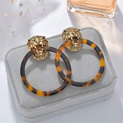 Leopard Circle Hoop Earrings for Womens Personalized Geometric Hollow Round Lion Head Resin Acrylic Dangle Drop Earrings Girls Gothic Party Jewelry
