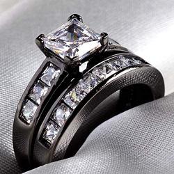 Couple Ring Bridal Sets His Hers Women Black Gold Plated Square CZ Men Stainless Steel Band Wedding Ring Band Set