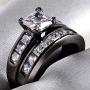 Couple Ring Bridal Sets His Hers Women Black Gold Plated Square CZ Men Stainless Steel Band Wedding Ring Band Set
