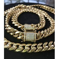 PY BLING 14k Gold Plated Mens Heavy Miami Cuban Link Chain Choker with Lab Diamond Clasp Stainless Steel Hip Hop Thick 8mm-16mm Necklace or Bracelet