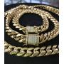 PY BLING 14k Gold Plated Mens Heavy Miami Cuban Link Chain Choker with Lab Diamond Clasp Stainless Steel Hip Hop Thick 8mm-16mm Necklace or Bracelet