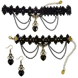 Gothic Costumes Jewelry Set Heart Choker Necklace Bracelet Dangle Earrings Black Artificial Rhinestone Tassels
