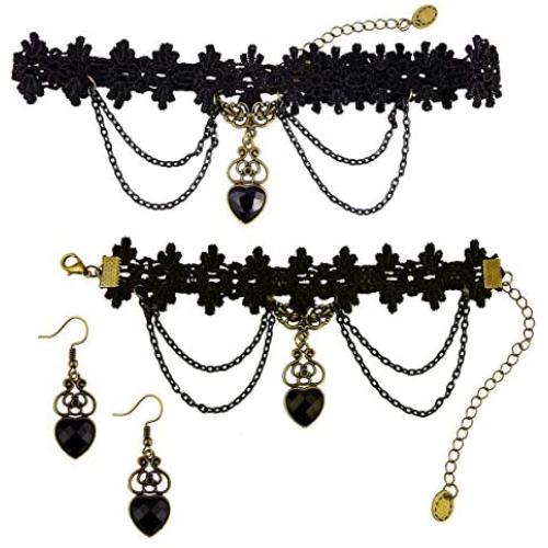 Gothic Costumes Jewelry Set Heart Choker Necklace Bracelet Dangle Earrings Black Artificial Rhinestone Tassels