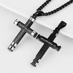 HZMAN Philippians 4:13 Cross Pendant STRENGTH Bible Verse Stainless Steel Necklace 3 Colors Available