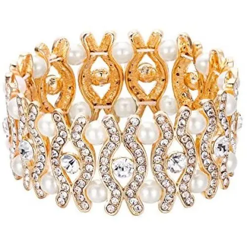 EVER FAITH Womens Bridal Eye Shaped Elastic Stretch Bracelet Clear Crystal Cream Simulated Pearl EVER FAITH Womens Bridal Eye Shaped Elastic Stretch Bracelet Clear Crystal Cream Simulated Pearl