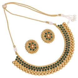 SANARA Indian Bollywood Ethnic Gold Plated Choker Style Green Necklace Set for Partywear Women and Girls Wedding Polki Jewelry