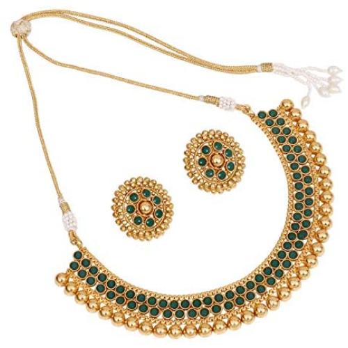 SANARA Indian Bollywood Ethnic Gold Plated Choker Style Green Necklace Set for Partywear Women and Girls Wedding Polki Jewelry