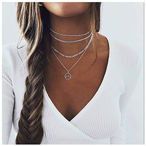 TseanYi Boho Layered Wave Necklaces Choker Silver Circle Pendant Necklace Chain Vintage Layering Necklace Jewelry for Women and Girls