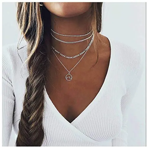TseanYi Boho Layered Wave Necklaces Choker Silver Circle Pendant Necklace Chain Vintage Layering Necklace Jewelry for Women and Girls TseanYi Boho Layered Wave Necklaces Choker Silver Circle Pendant Necklace Chain Vintage Layering Necklace Jewelry for Women and Girls