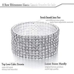 JEWMAY Yumei Jewelry 8 Strand Rhinestone Stretch Bracelet Silver-tone Sparking Tennis Bracelet