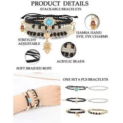 Hanpabum 3 Sets Bohemian Beaded Bracelets Set for Women Men Multilayer Hamsa Hand Evil Eye Charms Stretch Stackable Bracelet