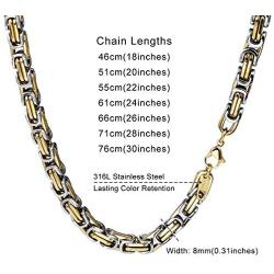 INBLUE 8.0mm Byzantine Link Chain Stainless Steel Necklace for Men Women Boys Water Resistant Chunky Biker Style Jewelry Gift
