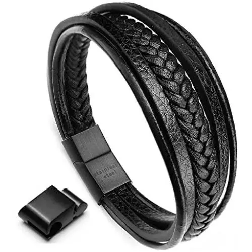 murtoo Mens Leather Bracelet with Magnetic Clasp Cowhide Multi-Layer Braided Leather Mens Bracelet
