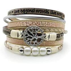 Chmay Leather Wrap Bracelet for Women Leopard Life Tree Pearl Multi-Layer Magnetic Buckle Cuff Bracelet Jewelry Gift for Sisters Teen Girls and Mother
