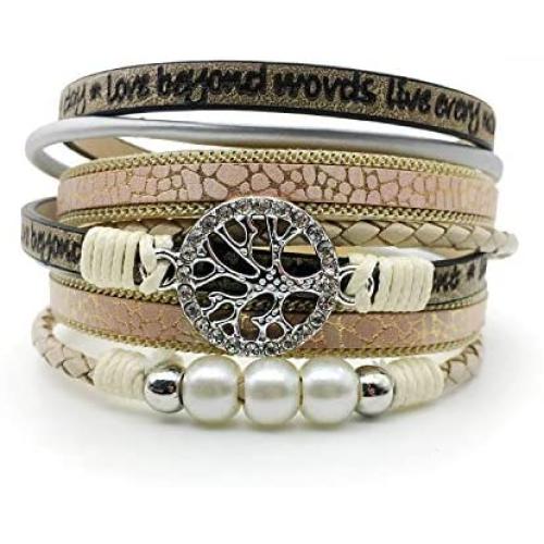 Chmay Leather Wrap Bracelet for Women Leopard Life Tree Pearl Multi-Layer Magnetic Buckle Cuff Bracelet Jewelry Gift for Sisters Teen Girls and Mother