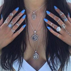 Aularso Boho Silver Layered Hamsa Hand of Fatima Necklaces Moon Pendant Necklace Chain Star Jewelry for Women and Girls