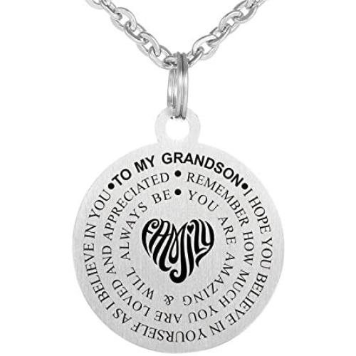 Kisseason Stainless Steel Inspirational Letter Words Jewelry Gift to My Grandson Dog Tag Keychain Pendant Necklace