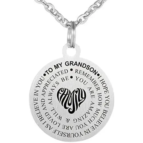 Kisseason Stainless Steel Inspirational Letter Words Jewelry Gift to My Grandson Dog Tag Keychain Pendant Necklace