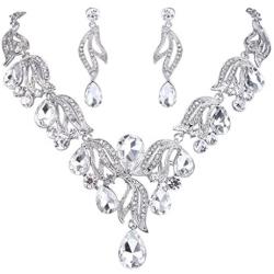 BriLove Womens Bohemian Boho Bridal Crystal Flower Teardrop Enamel Statement Necklace Dangle Earrings Set