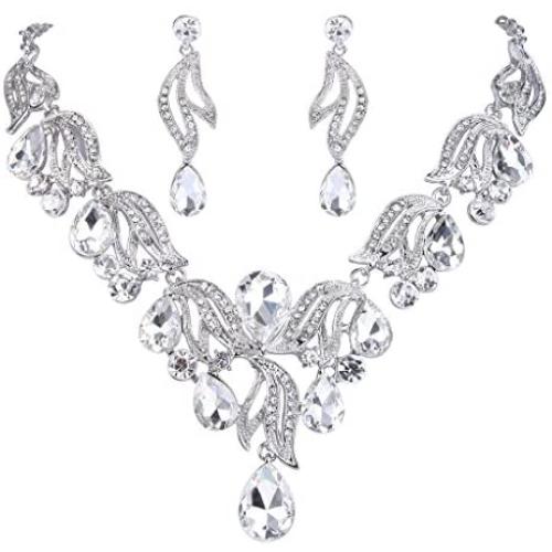 BriLove Womens Bohemian Boho Bridal Crystal Flower Teardrop Enamel Statement Necklace Dangle Earrings Set