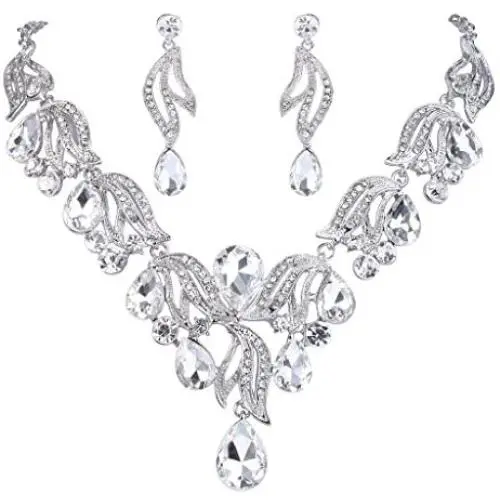 BriLove Womens Bohemian Boho Bridal Crystal Flower Teardrop Enamel Statement Necklace Dangle Earrings Set BriLove Womens Bohemian Boho Bridal Crystal Flower Teardrop Enamel Statement Necklace Dangle Earrings Set