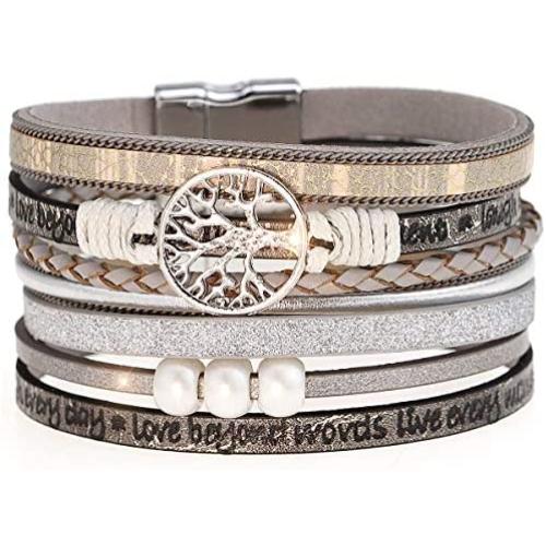 Suyi Women Wrap Bracelet Multilayered Leather Braided Bangle Wrist Cuff Bangles with Magnetic Buckle