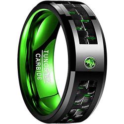 NUNCAD 8mm Black and Green Tungsten Wedding Rings for Men Women Carbon Fiber Inlay Engagement Band Green CZ Inlay Comfort Fit Size 7-12