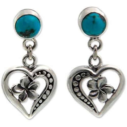 NOVICA .925 Sterling Silver and Reconstituted Turquoise Heart Dangle Earrings, Frangipani Hearts