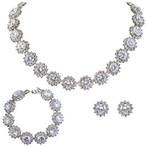EVER FAITH Wedding Round Pave CZ Star Inspired Jewelry Set - Necklace Earrings Bracelet