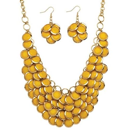 Palm Beach Jewelry Gold Tone Round Yellow Lucite, Drop Earring and Bib Necklace Set (65mm), Lobster Claw Clasp, 18 inches Plus 3 inch exten