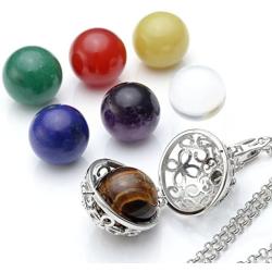 JOVIVI Chakra Necklace 16mm Natural Gemstones 7 Chakras Ball Stones Beads Hollow Flower Locket Pendant Reiki Healing Energy Beads 28'' Set w/Gift Box