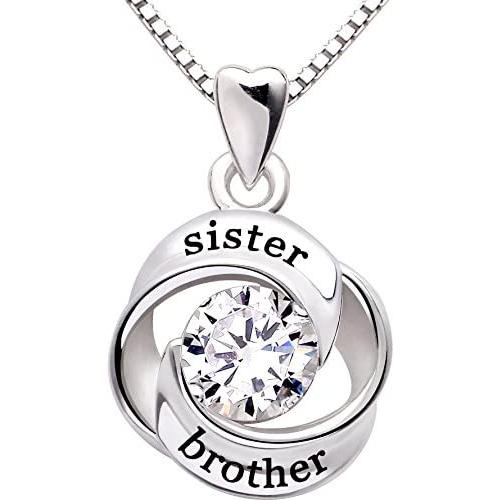 ALOV Jewelry Sterling Silver Sister and Brother Love Heart Cubic Zirconia Pendant Necklace