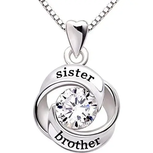 ALOV Jewelry Sterling Silver Sister and Brother Love Heart Cubic Zirconia Pendant Necklace ALOV Jewelry Sterling Silver Sister and Brother Love Heart Cubic Zirconia Pendant Necklace