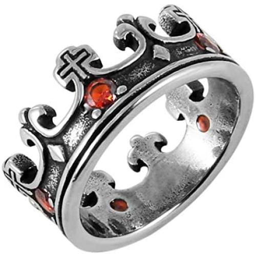 HZMAN Mens Vintage Biker Ruby Royal King Crown Ring Stainless Steel Silver Gold Cross Band