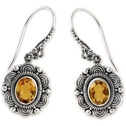NOVICA Citrine .925 Sterling Silver Dangle Hook Earrings Balinese Sunflower